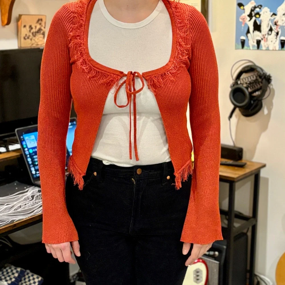 Women's Orange Tie-Front Sweater - Picture 2 of 5